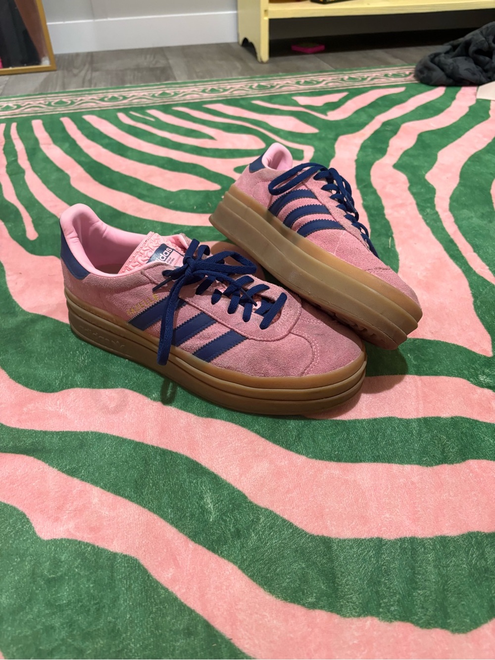 Adidas Gazelle Size 10 Pink Suede Platform Sneakers with Navy Accents